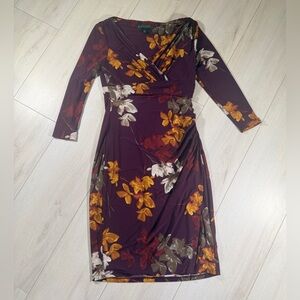 Ralph Lauren Burgundy Floral Long Sleeve Dress Size 2